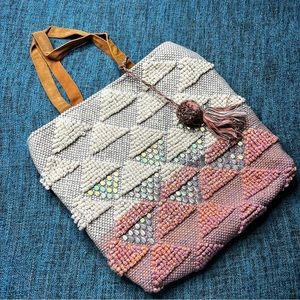 Fabulous MJ New York Beaded Tassel Large Tote Bag Boho Cream Gray Pink w/ Beads